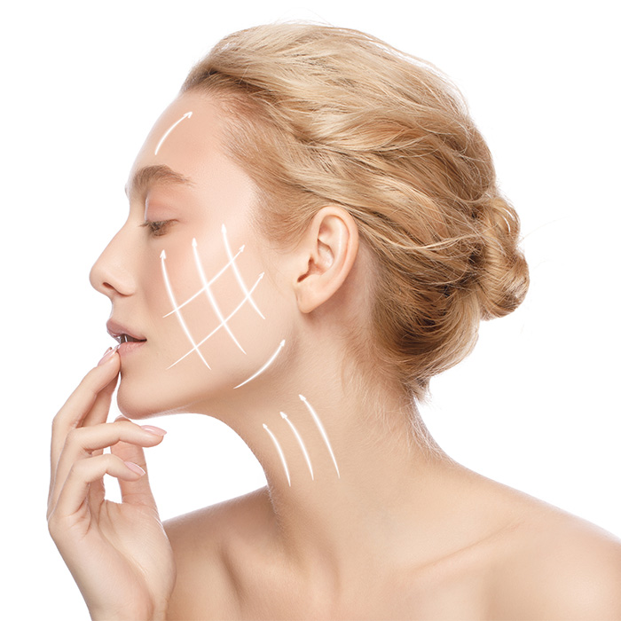 Profile of a blonde woman illustrating facial areas targeted in plastic surgery trend procedures. Profile of a blonde woman illustrating facial areas targeted in plastic surgery trend procedures.