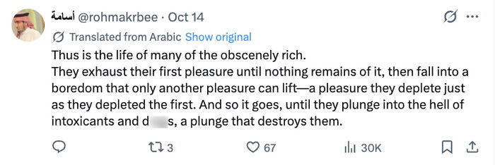Tweet discussing life of the obscenely rich and their pleasures