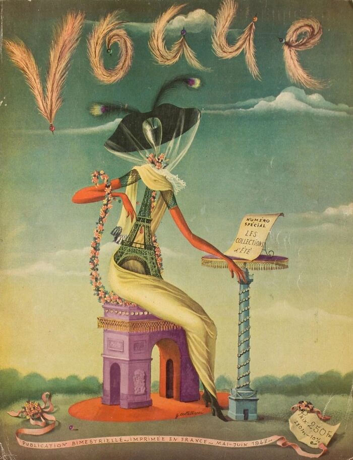 Surreal vintage Vogue cover artwork featuring a Parisian fashion illustration with the Eiffel Tower and Arc de Triomphe.