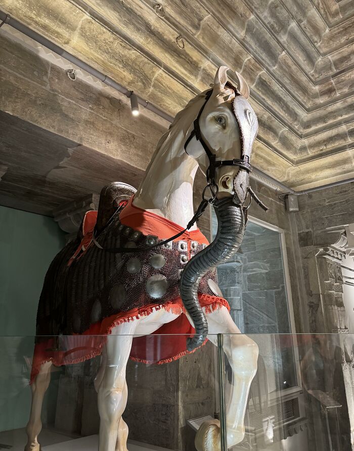 A life-sized model of a war horse wearing armor with a faux elephant trunk, selected from cool and entertaining pics