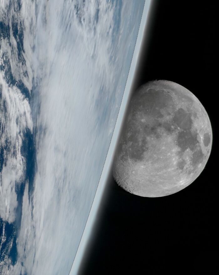 A stunning satellite photo showing Earth's atmospheric edge alongside the detailed surface of the moon.