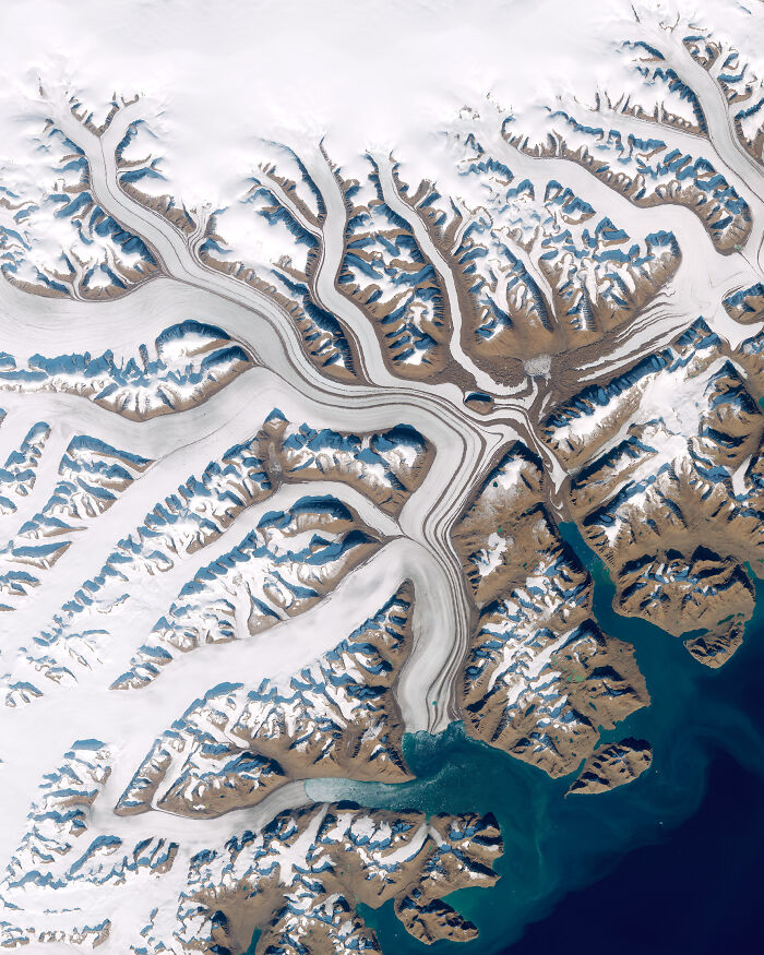 Surreal satellite photos displaying icy glacial flows carving through snow-capped mountain valleys.