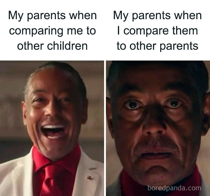 Meme comparing parents reactions when comparing children and parents with dramatic facial expressions