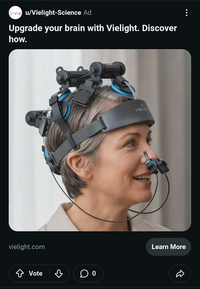A futuristic head device ad showing an odd brain upgrade product, an advertising fail.