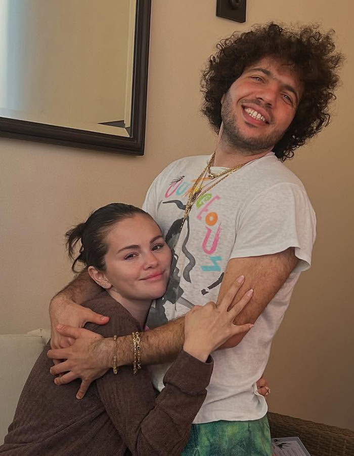 Selena Gomez hugging Benny Blanco as they pose happily together Selena Gomez hugging Benny Blanco as they pose happily together