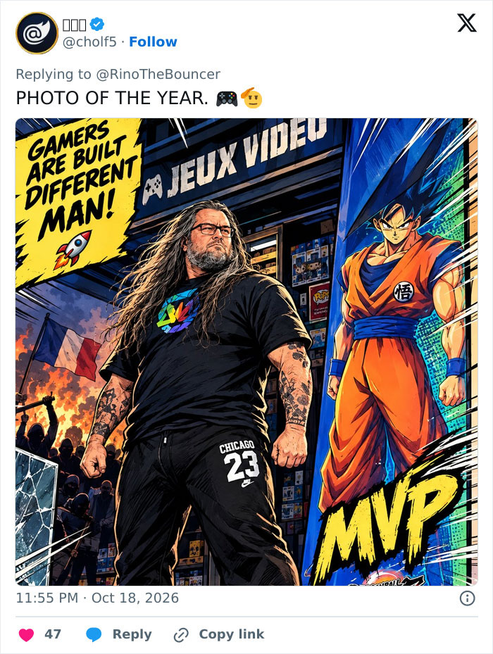 Illustration of viral shopkeeper with Dragon Ball character outside video game shop