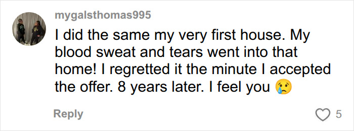 Social media comment relating to Simone Biles selling her Texas home about the emotions of leaving a first house.