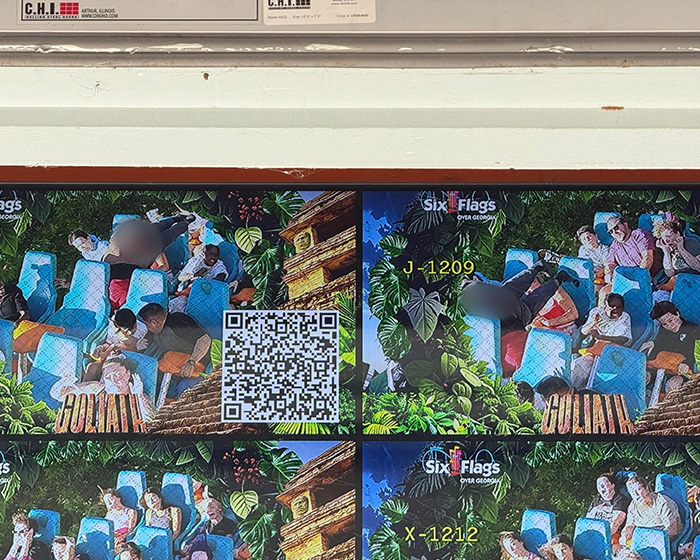 Four souvenir photos showing riders on the Goliath Six Flags roller coaster. Four souvenir photos showing riders on the Goliath Six Flags roller coaster.