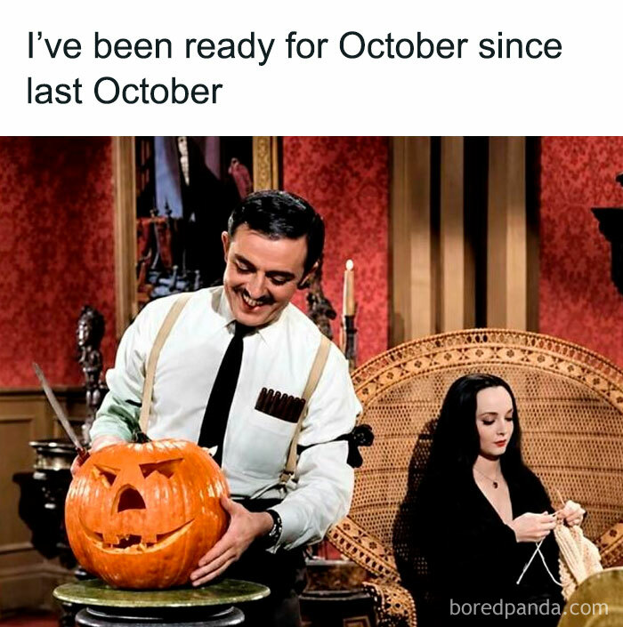 Spooky season memes featuring Gomez Addams happily carving a jack-o-lantern next to Morticia Addams.