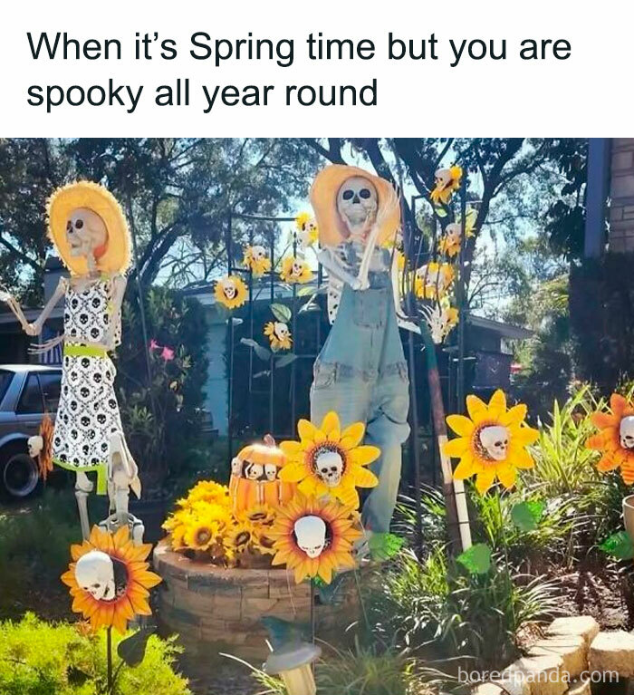 Spooky season meme with skeletons in sunhats and skull sunflowers decorating a yard for spring.