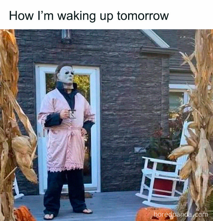 Michael Myers in a pink robe holding coffee in funny spooky season memes
