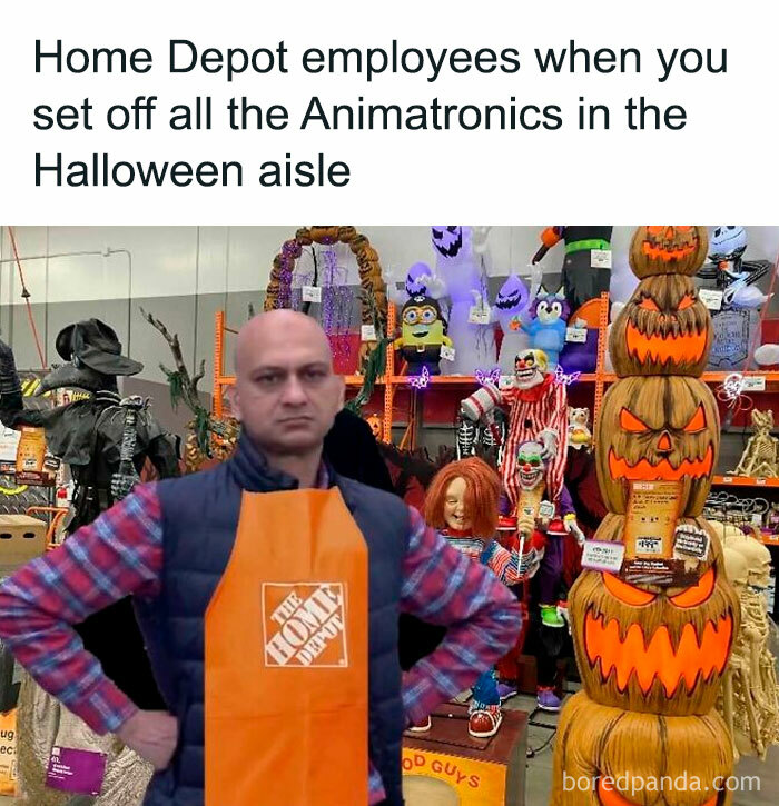 Disappointed Home Depot employee meme template standing in front of animatronics for spooky season memes
