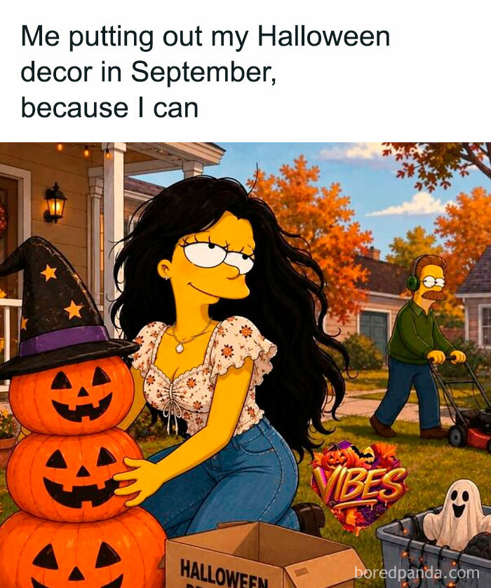 Simpson style artwork of a woman setting up stack of jack-o-lanterns for spooky season memes