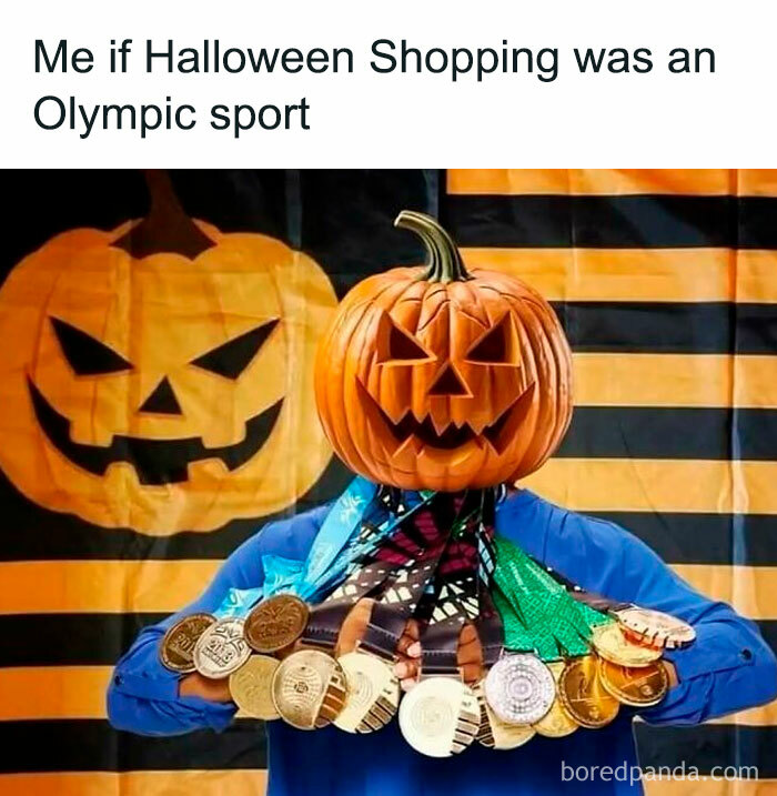 A person with a pumpkin head wearing many gold medals in a spooky season meme.