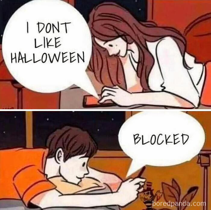Funny comic meme about blocking someone who dislikes Halloween during spooky season