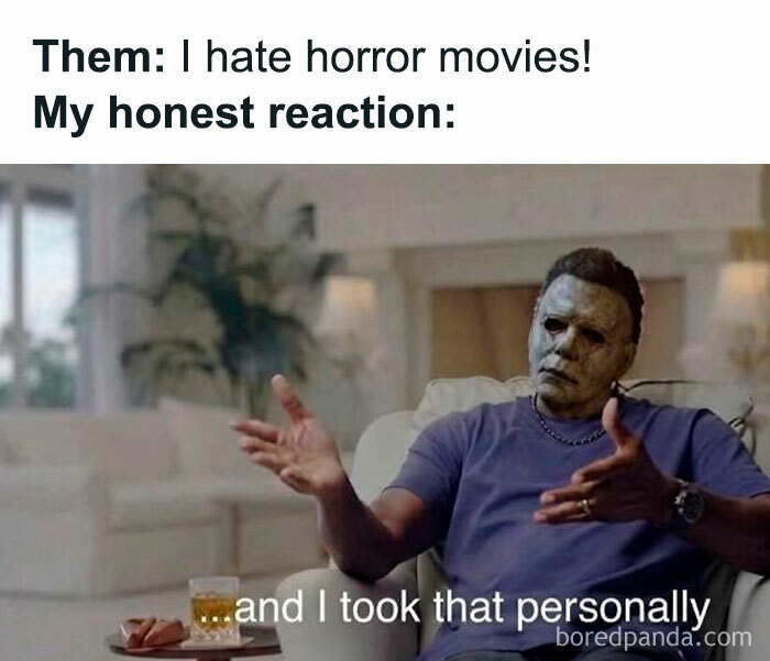 Spooky season meme featuring Michael Myers edited onto the Michael Jordan meme format reacting to horror movie haters.