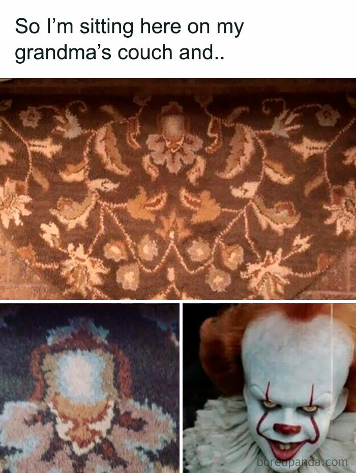 Spooky season meme showing a rug pattern that accidentally resembles Pennywise the Clown.