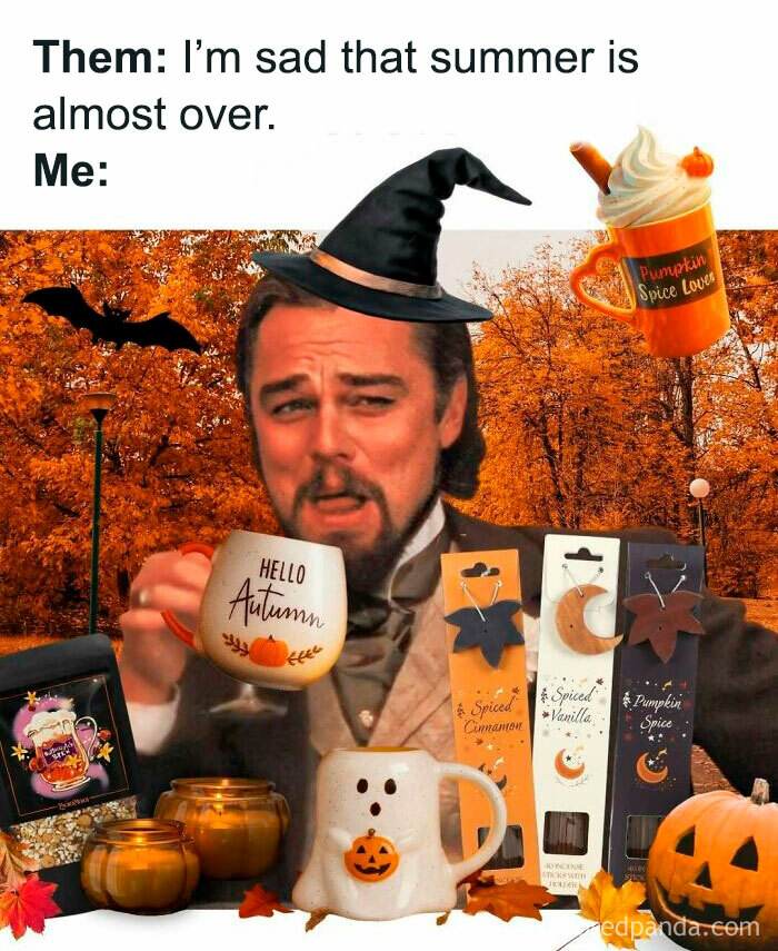 Leonardo DiCaprio wearing a witch hat surrounded by fall items for spooky season memes