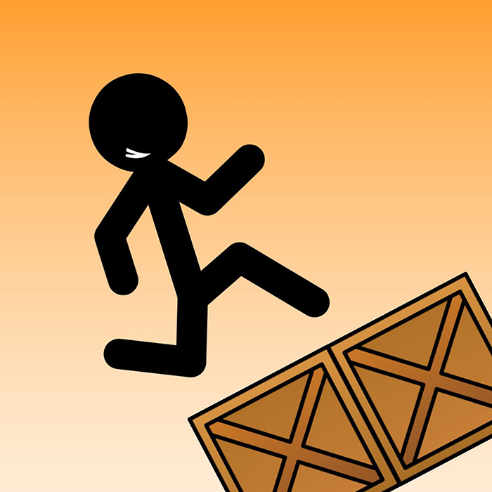 Iconic stick figure character jumping over wooden crates in Stick Run, created by late video game creator.