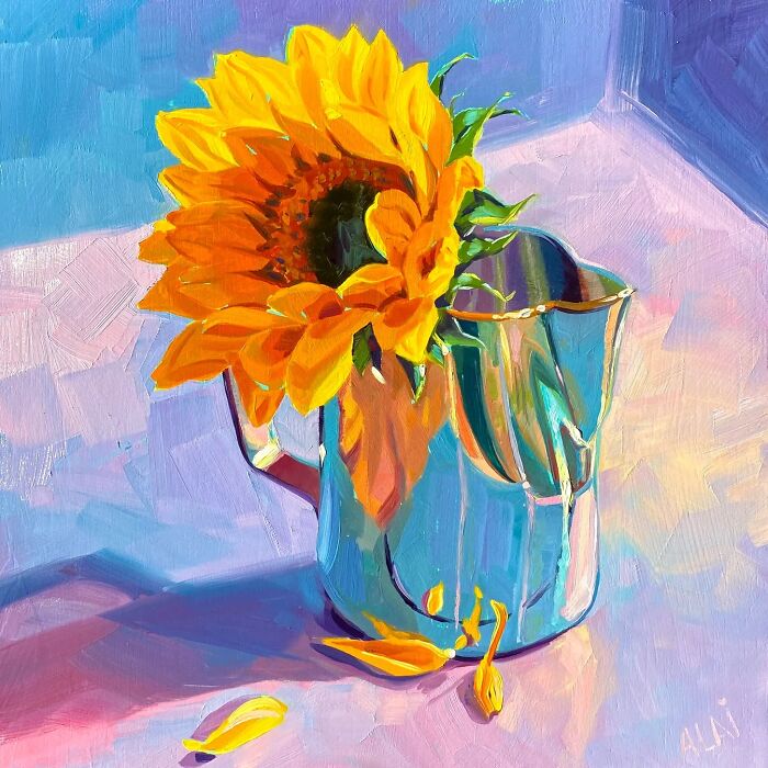 Oil painting of a sunflower in a blue glass vase, Alai Paintings style