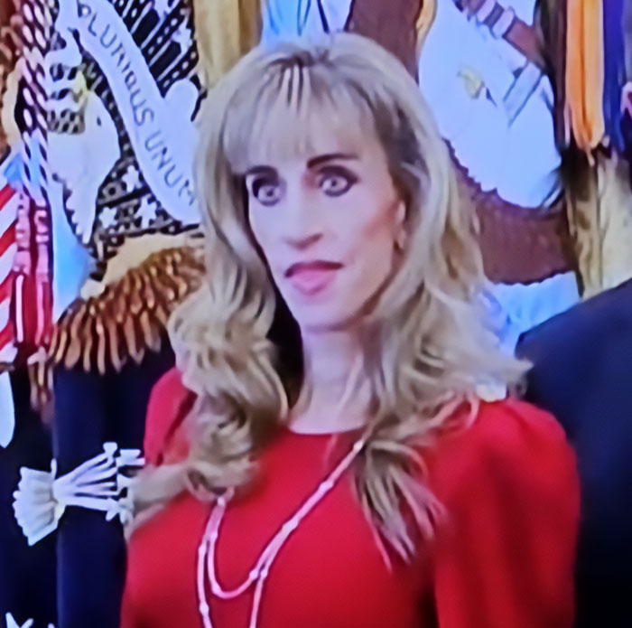 Susan Dell during her viral White House appearance standing in a red dress