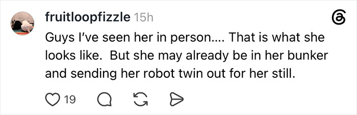 Comment about Susan Dell sending a robot twin, fueling a bizarre online conspiracy theory.