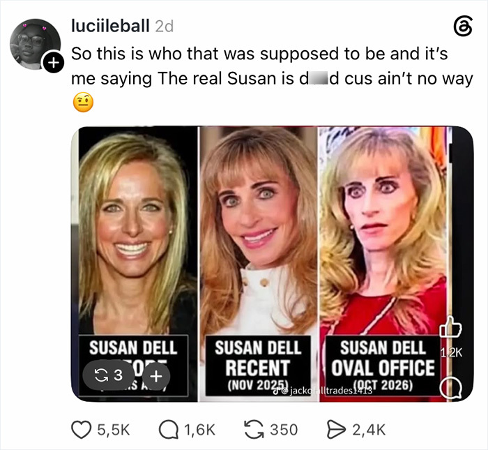 Social media post comparing images of Susan Dell over time, fueling a conspiracy theory.