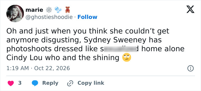 Social media post criticizing Sydney Sweeney for her latest holiday photo shoot attire.