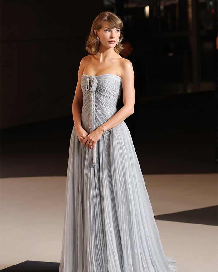 Taylor Swift in a strapless silver gown at a formal event Taylor Swift in a strapless silver gown at a formal event