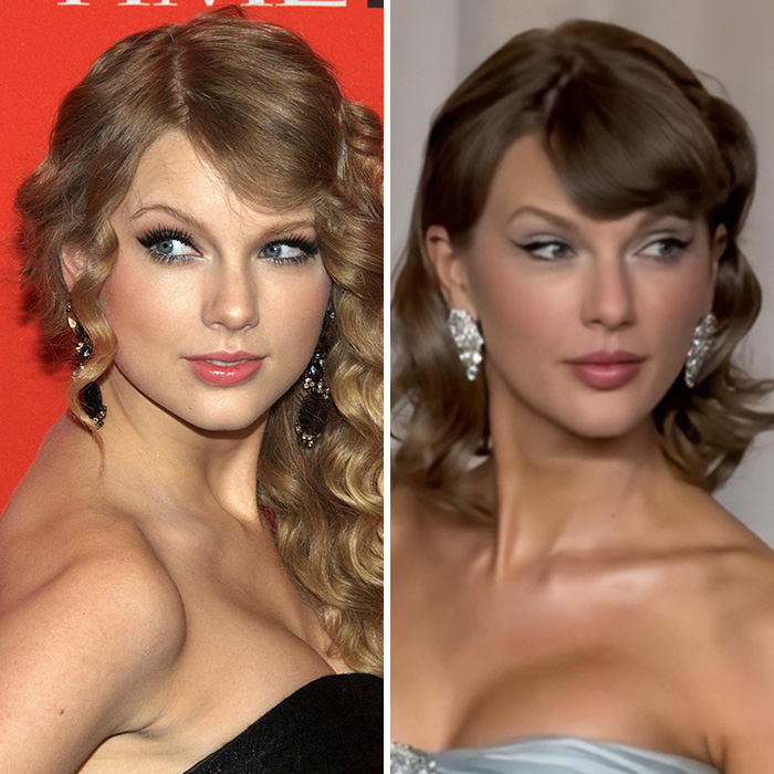 Comparison of Taylor Swift's face with Mar-A-Lago face transformation effects Comparison of Taylor Swift's face with Mar-A-Lago face transformation effects