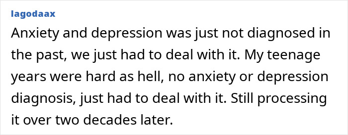 A comment discussing mental health struggles faced during a teen girl's adolescent years.