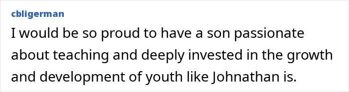 Social media comment praising a dedicated teacher's decision and passion for youth development.