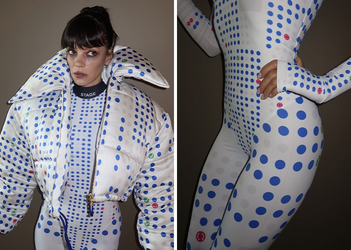 Woman wearing a white and blue polka dot outfit for celebrity Halloween costumes