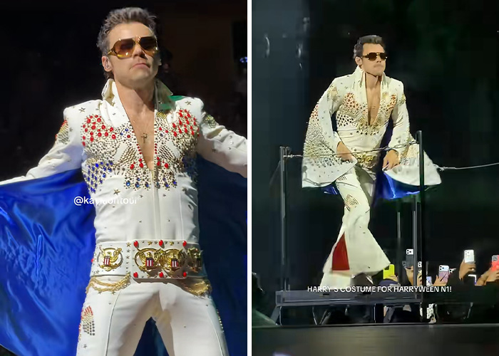 Musician performing on stage in an Elvis-inspired celebrity Halloween costume