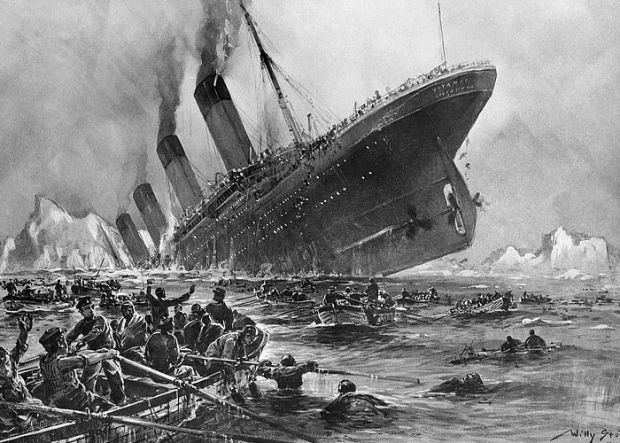 Illustration depicting the Titanic sank into the icy ocean with lifeboats escaping in the foreground. Illustration depicting the Titanic sank into the icy ocean with lifeboats escaping in the foreground.