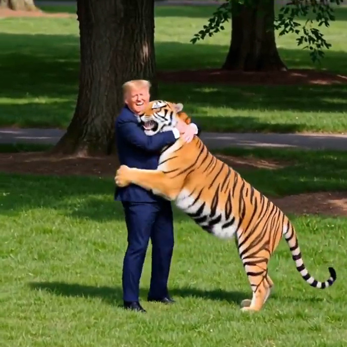 Man in suit hugging large tiger on grass family tiger enclosure Man in suit hugging large tiger on grass family tiger enclosure