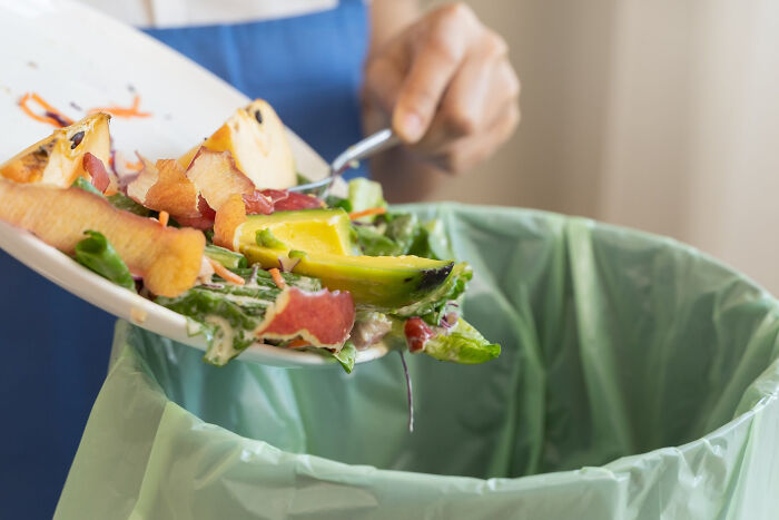 Scraping leftover salad food into a green trash bag for quick-fire jokes