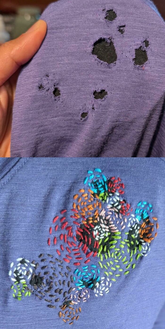 Before and after visible embroidery repair on a purple shirt, proving creativity can save money on wardrobe fixes