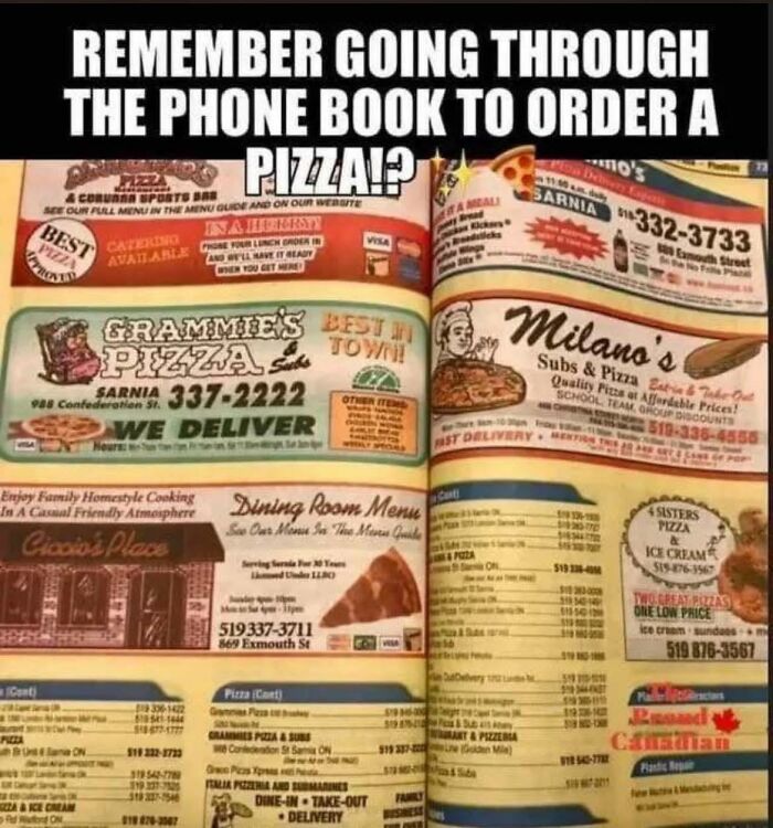 Nostalgic photo of a vintage yellow phone book open to pizza advertisements from 80s childhoods.
