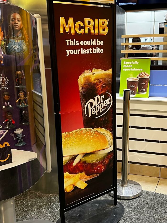 A McDonald's McRib advertisement sign saying This could be your last bite, an example of advertising fails.