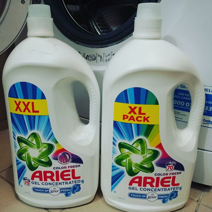 Two detergent bottles labeled XXL and XL Pack of the same size, showing funny advertising fails.