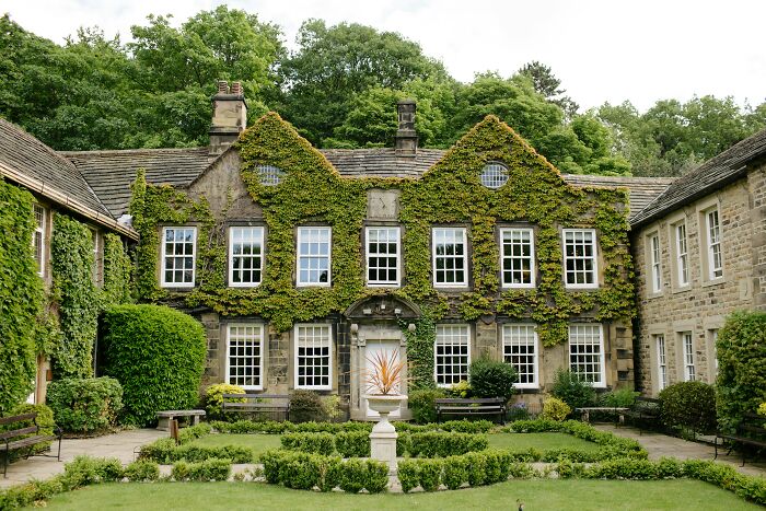 A beautiful English manor house covered in green ivy, showing unethical life pro tips for home curb appeal
