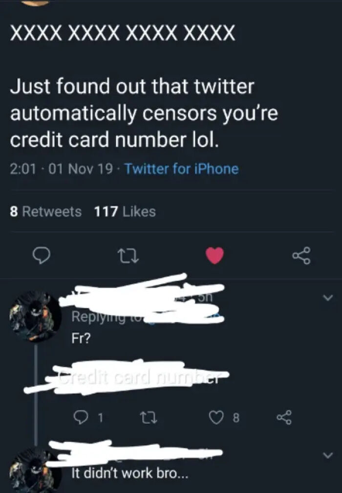 Absurd moment in a Twitter thread showing someone tricked into revealing their credit card details.