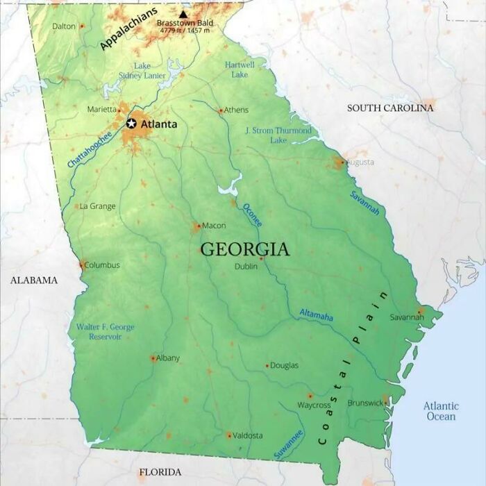 Detailed map of Georgia showing cities and rivers near neighboring states