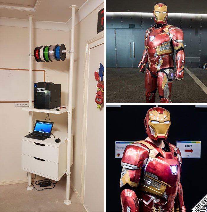 Side-by-side images of a 3D printer workstation and a detailed Iron Man cosplay suit.