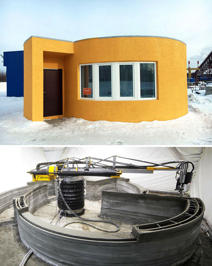 A small round house constructed using a large scale construction 3D printer