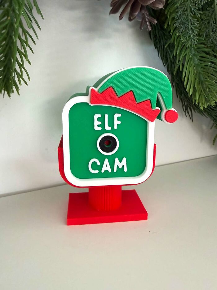 A creative elf cam camera ornament made with a 3D printer