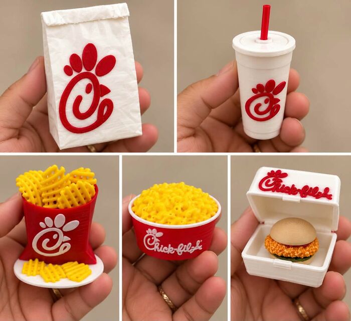 Miniature Chick-fil-A menu items made using a 3D printer, held in a person's hands.