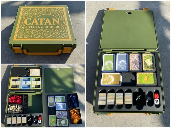 A green 3D printer board game organizer case for Catan with neat custom slots.