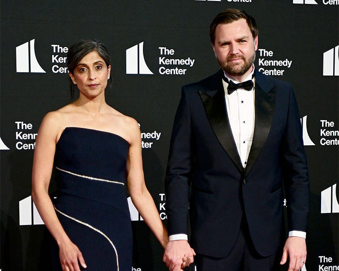 Second Lady Usha Vance holds hands with JD Vance at a Kennedy Center event. Second Lady Usha Vance holds hands with JD Vance at a Kennedy Center event.